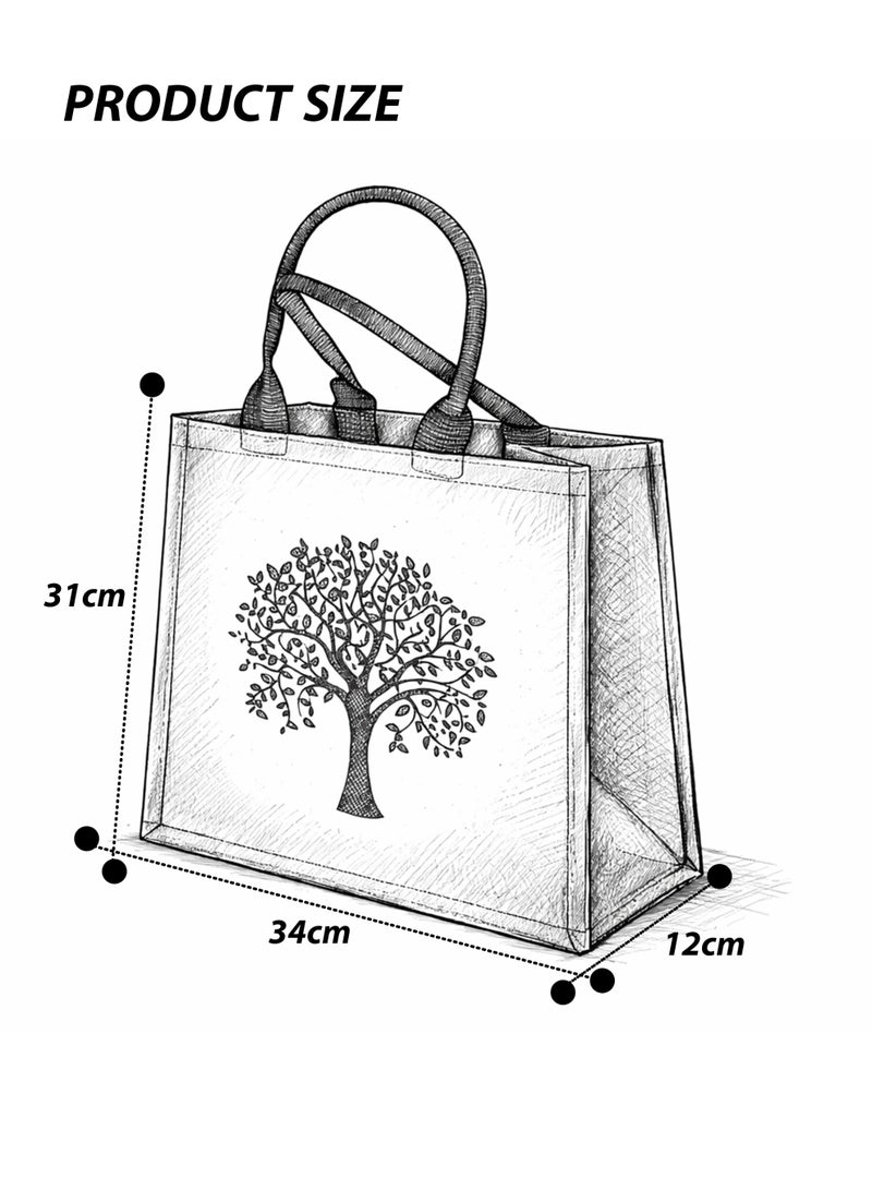 توشيونيكس حقيبة تسوق من الجوت صديقة للبيئة (34×31×12 سم) - حقيبة تسوق وحمل غداء قابلة لإعادة الاستخدام بمقابض متينة، حقيبة هدايا كبيرة من الخيش الطبيعي، حقيبة يد يومية للمكتب والبقالة بنقشة شجرة - Image 5